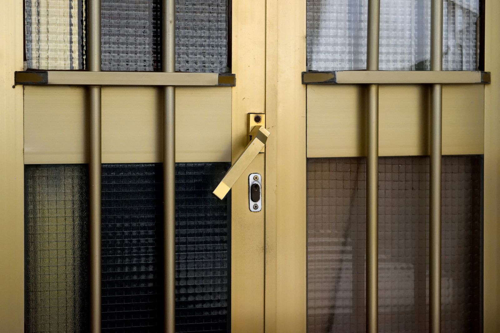 Porte vitrée protégée par des barreaux et fermée par une serrure à levier